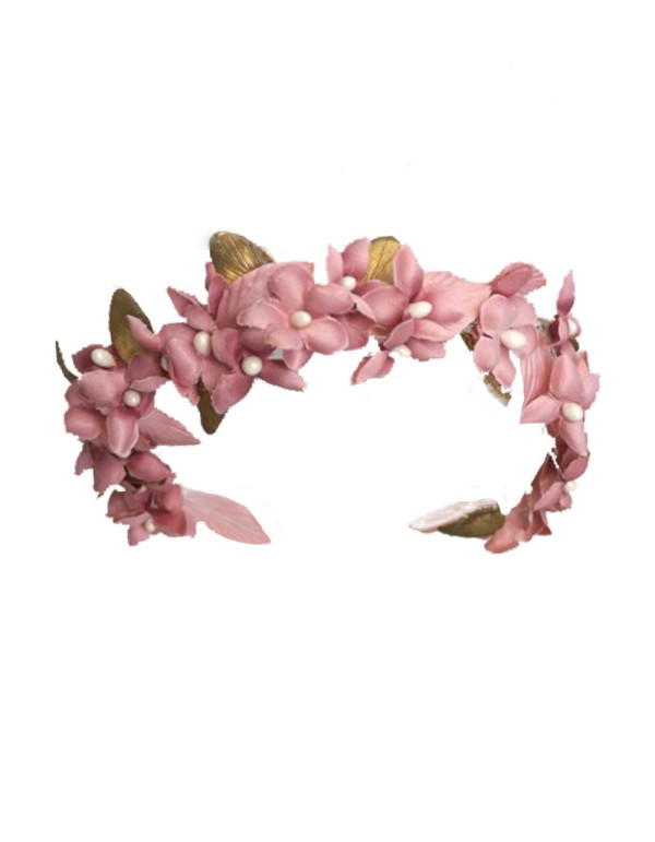 Wreath of pink fabric flowers and golden leaves Lamatte - 1