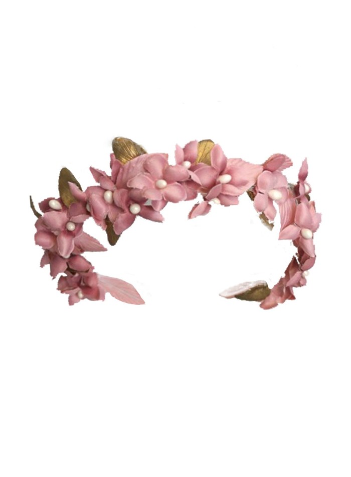 Wreath of pink fabric flowers and golden leaves Lamatte - 1