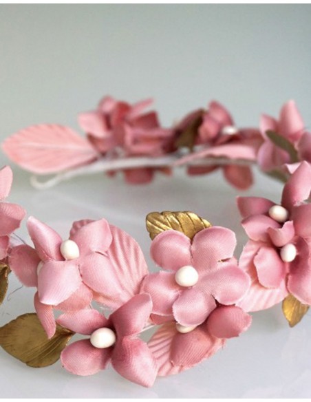 Wreath of pink fabric flowers and golden leaves Lamatte - 2