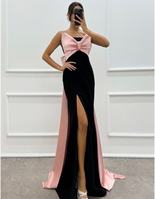 Vestido largo de chiffon sencillo con escote en forma de muesca Negro