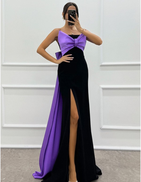 Maxi party dress with bow neckline and train 2