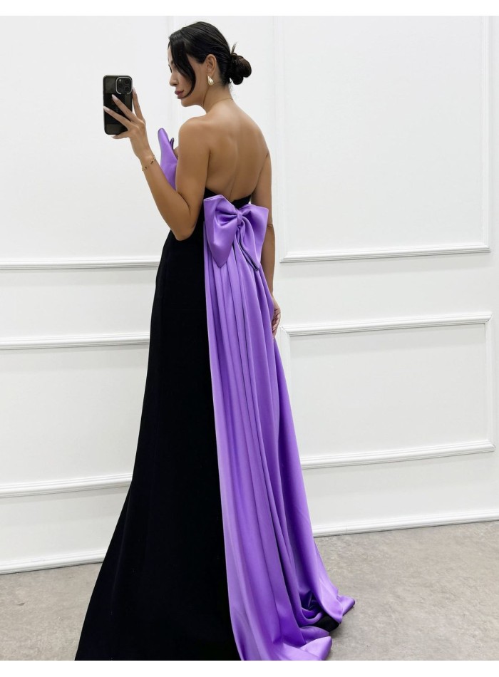 Maxi party dress with bow neckline and train