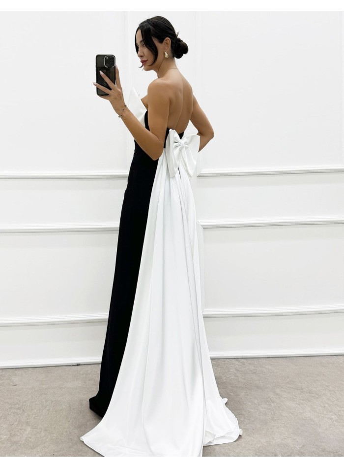 Maxi party dress with bow neckline and train