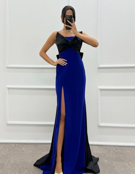 Maxi party dress with bow neckline and train