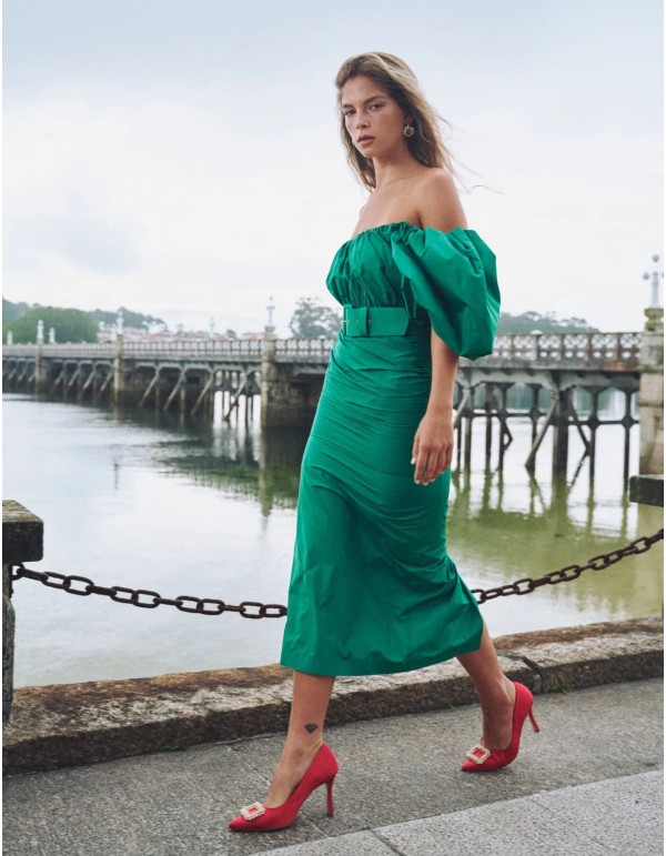 Vestido de fiesta midi con manga abullonada y cinturón 2
