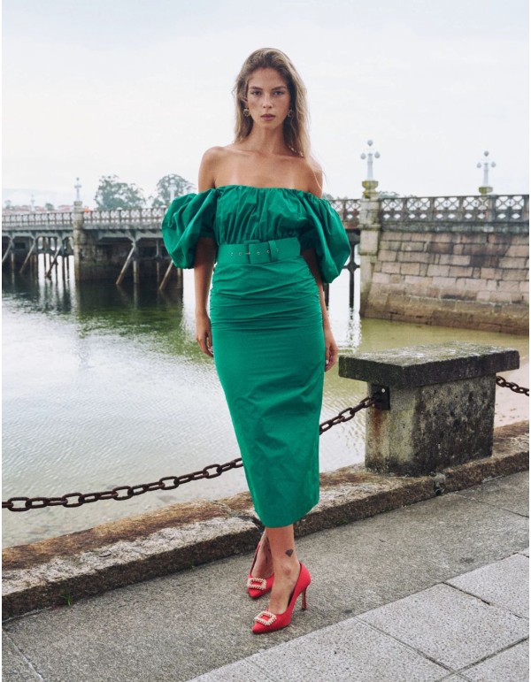 Vestido de fiesta midi con manga abullonada y cinturón