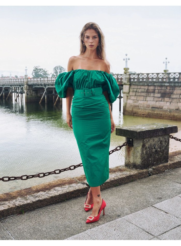 Vestido de fiesta midi con manga abullonada y cinturón