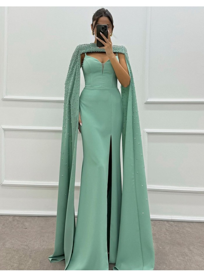 Maxi party dress with cape sleeves and rhinestone details