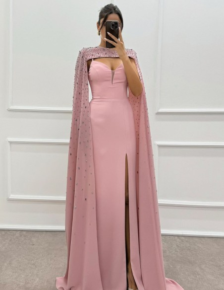 Maxi party dress with cape sleeves and rhinestone details