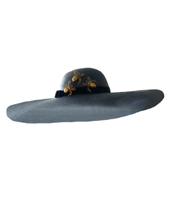 Blue wide-winged hat with golden spiders