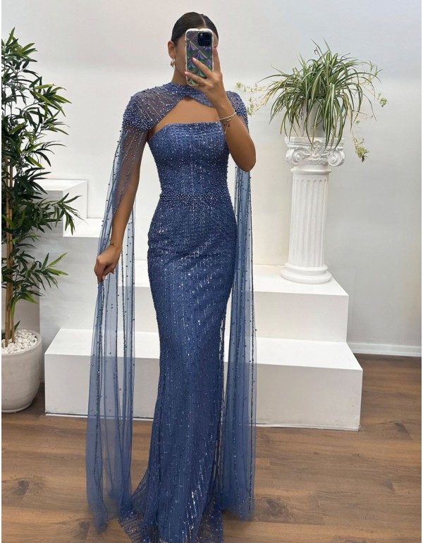 Maxi party dress with rhinestones and cape sleeves