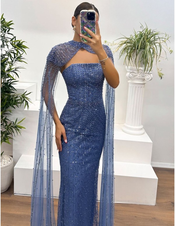 Maxi party dress with rhinestones and cape sleeves 2