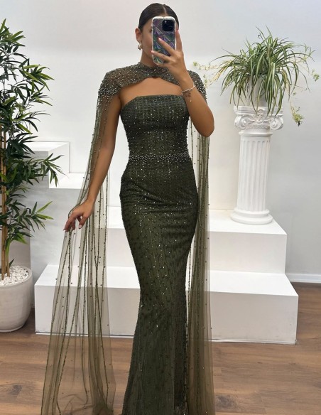 Maxi party dress with rhinestones and cape sleeves