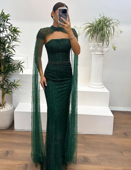 Maxi party dress with rhinestones and cape sleeves
