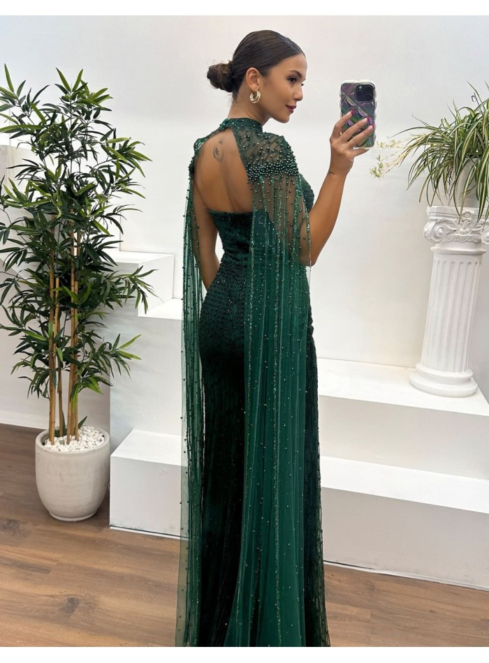 Robe longue de fête en strass avec manches en cape