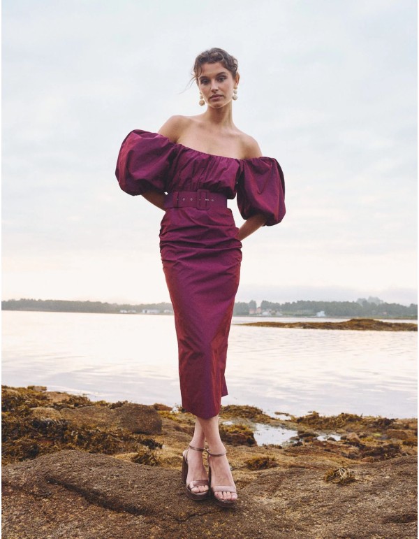 Vestido midi de fiesta con cinturón y mangas globo