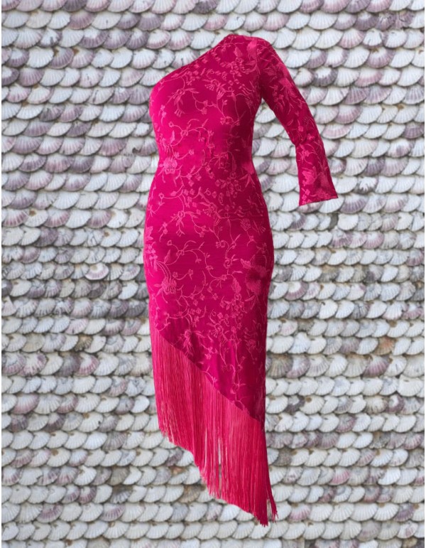 Vestido de fiesta asimétrico con una manga y detalle flecos