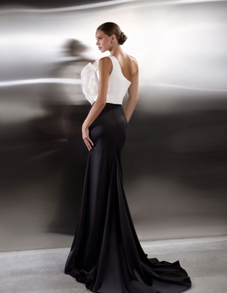 Asymmetrical long party dress with maxi flower and mermaid skirt