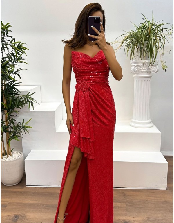 Vestido de fiesta largo sin tirantes drapeado de lentejuelas