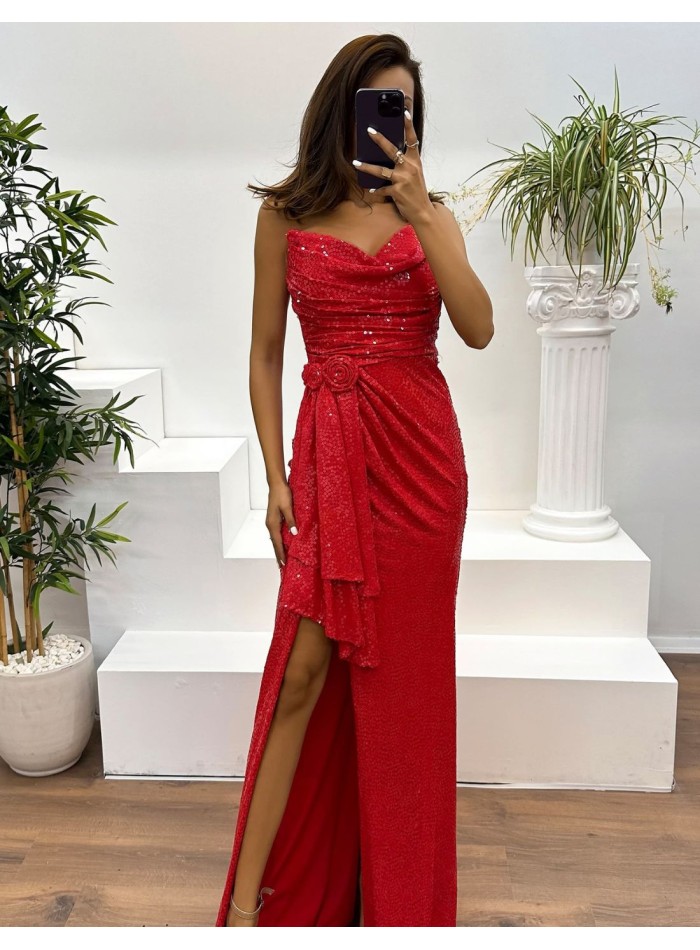 Robe longue de soirée sans bretelles, drapée de sequins