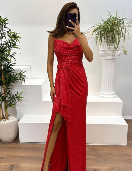 Vestido de fiesta largo sin tirantes drapeado de lentejuelas