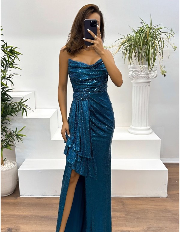 Verna Sin Tirante Novio Vestido Con Apertura Azul Pizarra