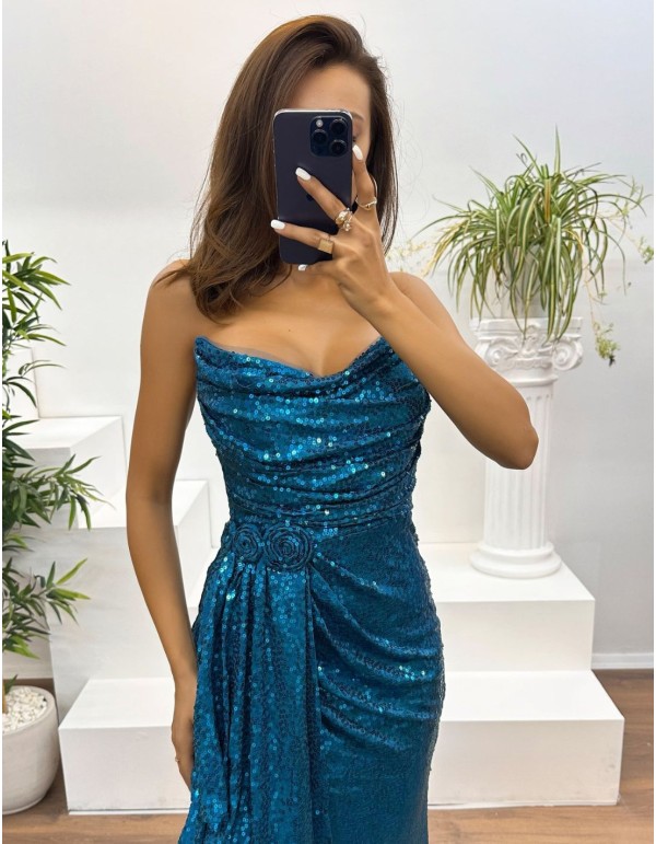 Robe de Soirée Longue Sans Bretelles à Volants