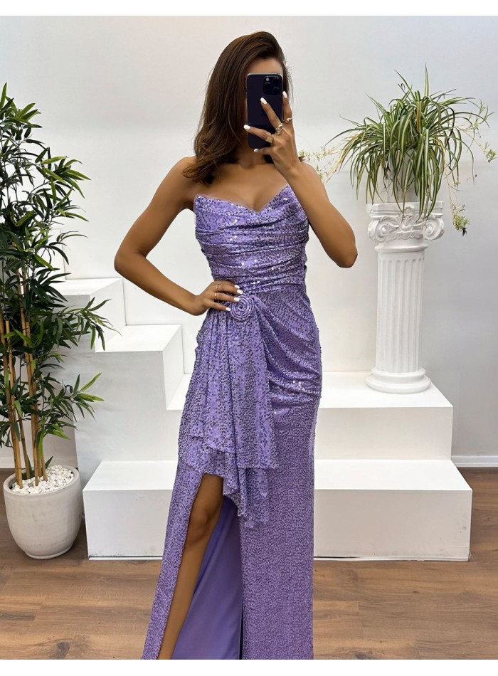 Robe longue de soirée sans bretelles, drapée de sequins