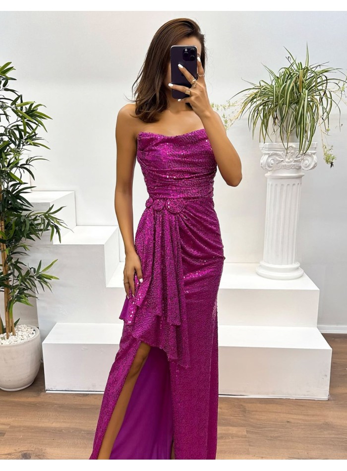 Robe longue de soirée sans bretelles, drapée de sequins