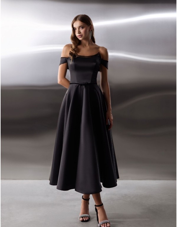 Vestido midi de fiesta en raso con escote palabra de...