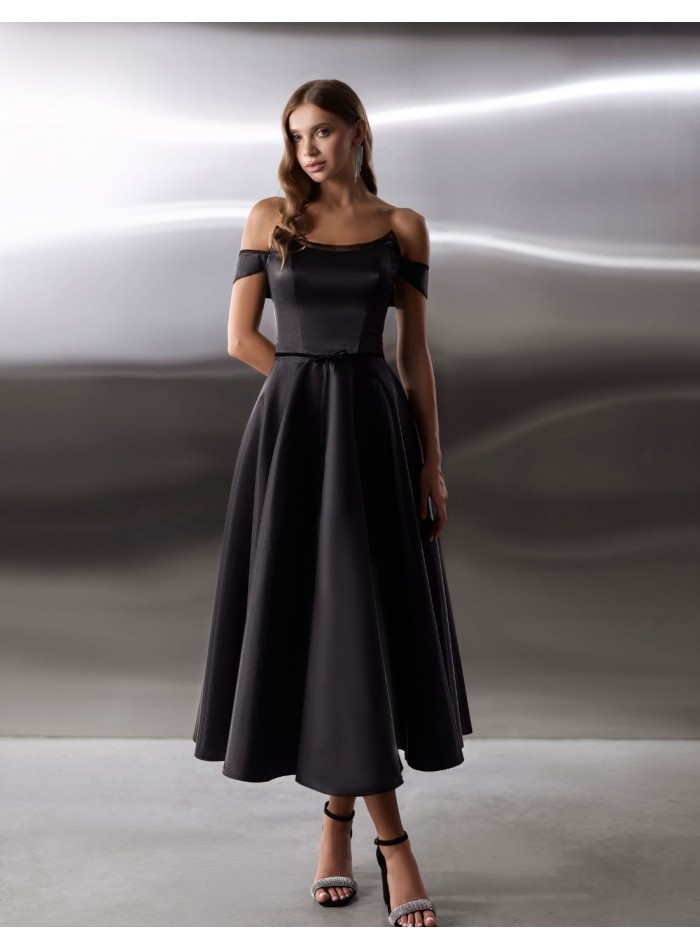 Evening midi dress in satin with strapless neckline and bandeau sleeves