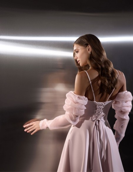 Robe de soirée midi avec manches amovibles et jupe à volants