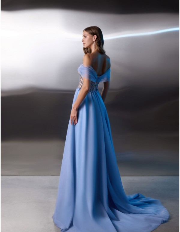 Long party gown with bandeau neckline and beaded bodice 2