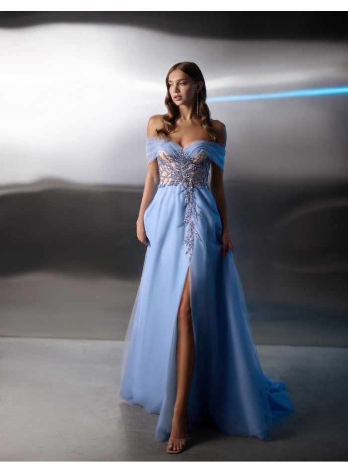 Long party gown with bandeau neckline and beaded bodice