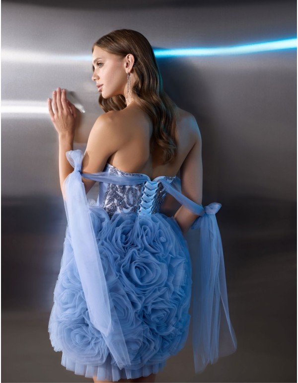 Vestido corto de fiesta de tul con cuerpo de pedrería y... 2