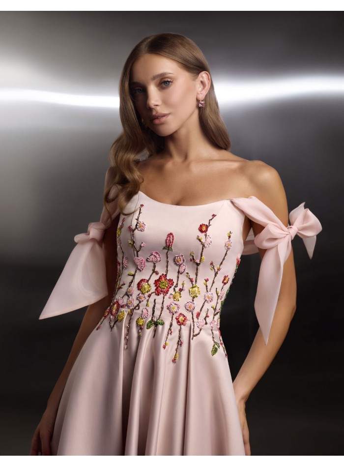 Midi party dress with floral embroidered bodice and lace-up straps