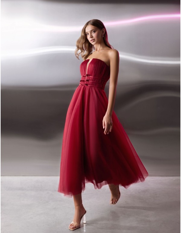 Tulle midi dress with pleated strapless neckline and...