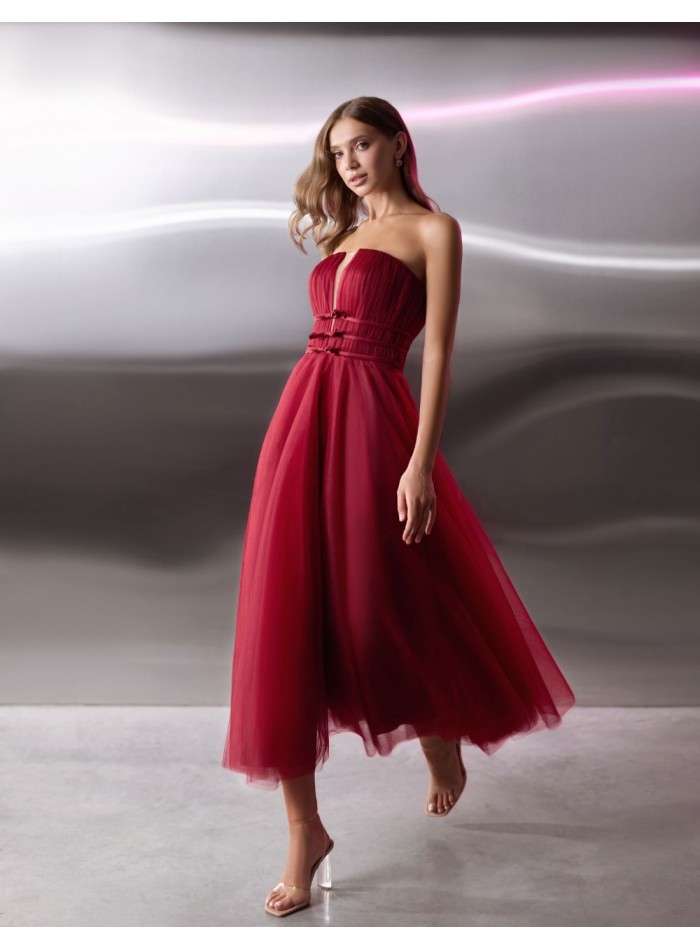 Tulle midi dress with pleated strapless neckline and waist ties