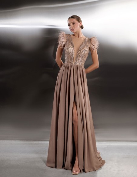 Long party dress with shimmering bodice and feathered shoulders