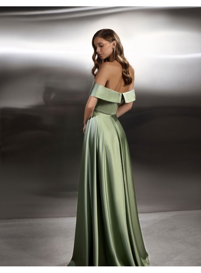 Long satin party dress with bandeau neckline