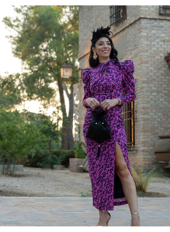 Bougainvillea and black print midi dress with puffed sleeves