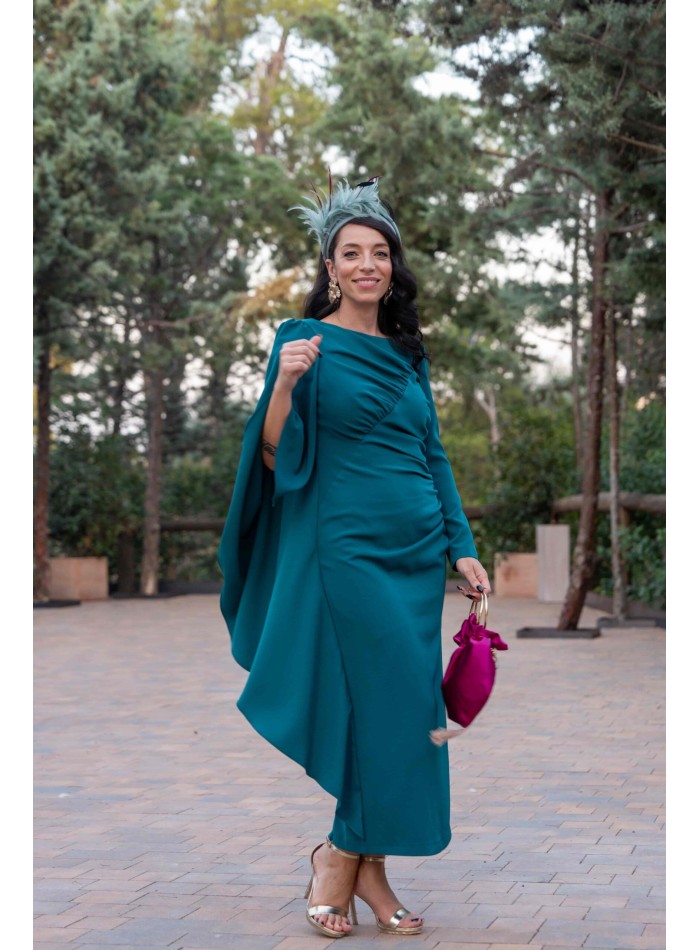 Draped midi party dress with asymmetric cape sleeves