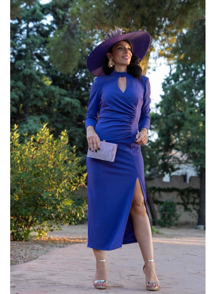 Draped midi party dress with long sleeves and slit in the skirt