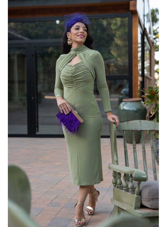 Green ruffled midi party dress with long sleeves