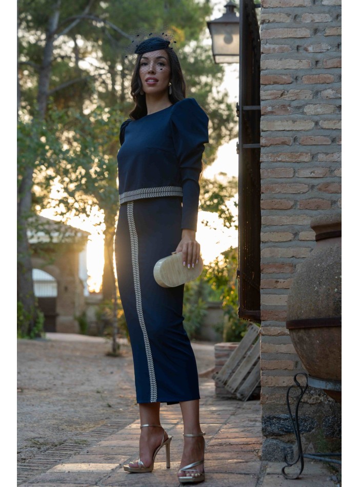 Navy blue midi dress with beige ethnic details