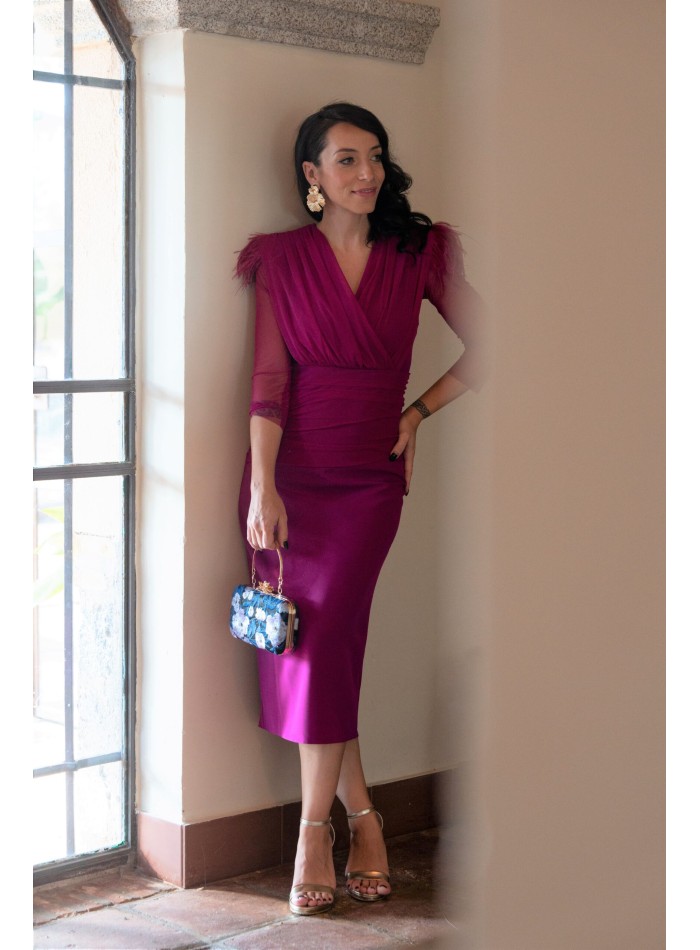 Bougainvillea midi party dress with feathers on the shoulders