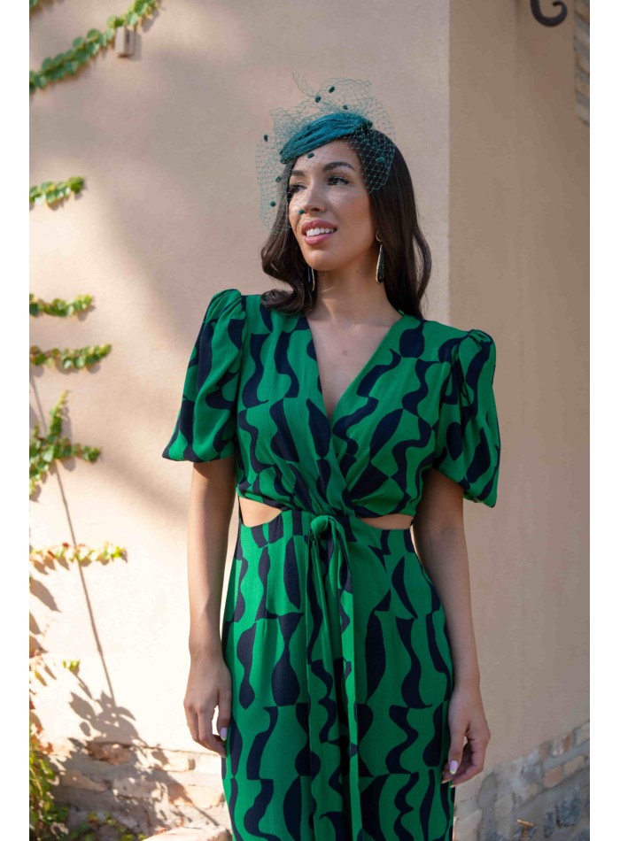 Vestido midi de fiesta cut-out estampado verde y negro