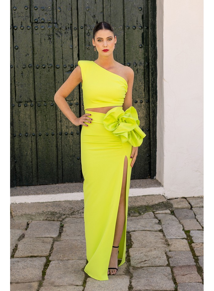 Long lime cut-out party dress with asymmetric sleeves