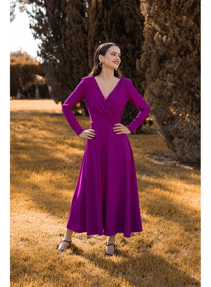 Bougainvillea midi dress with crossover neckline and long sleeves