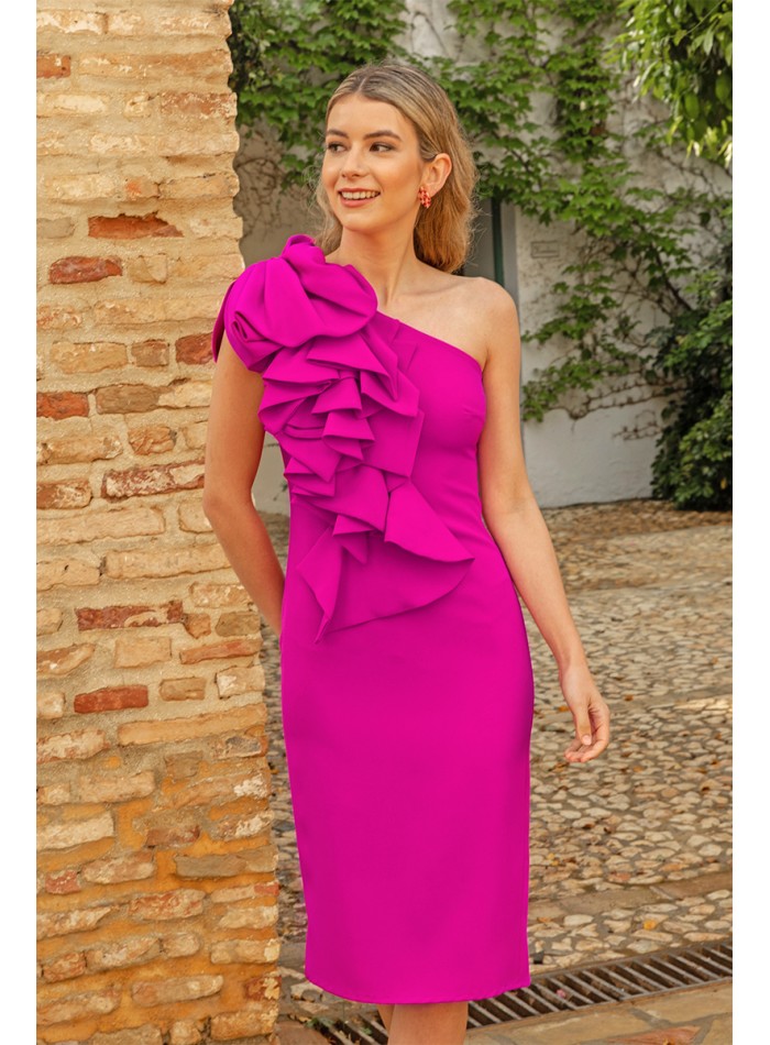 Bougainvillea cocktail dress with asymmetrical neckline and ruffles